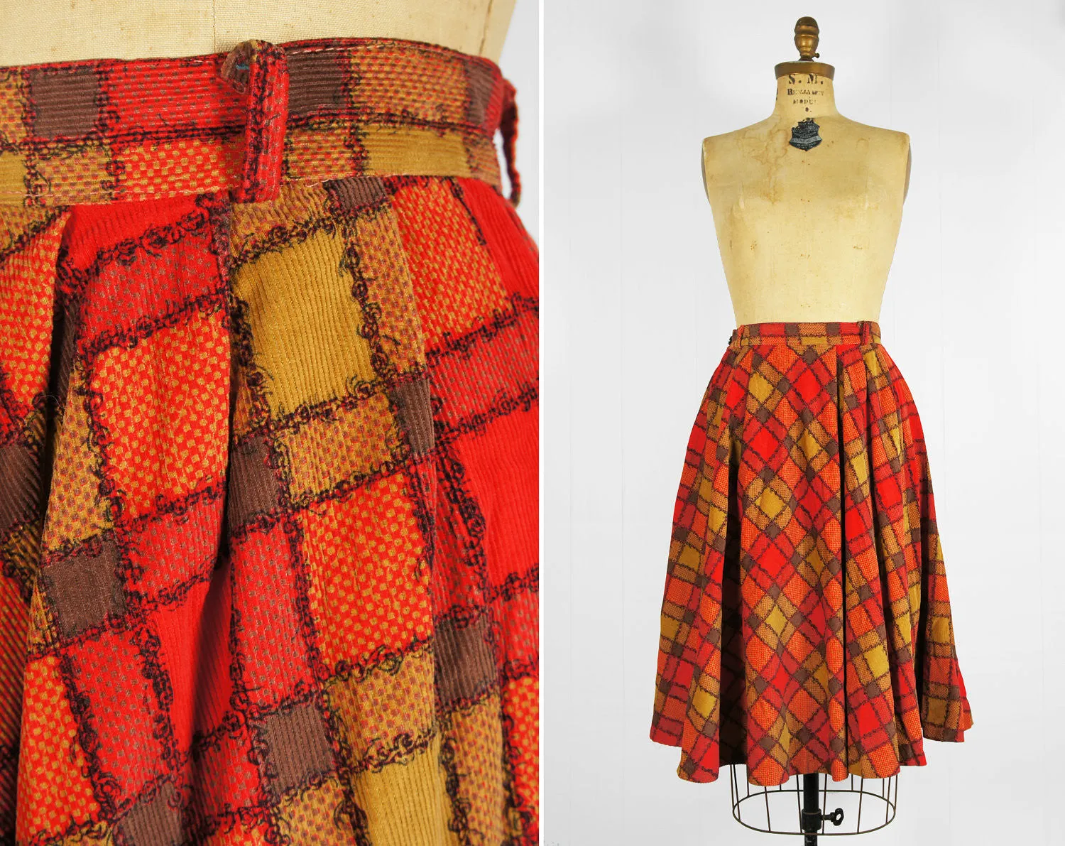 1950's Brown, Red & Tan Corduroy Full Skirt - Size XS