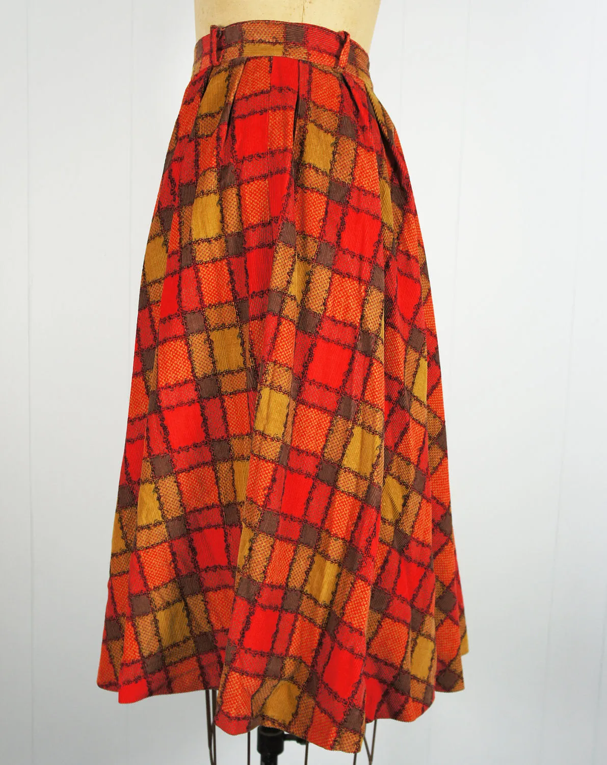 1950's Brown, Red & Tan Corduroy Full Skirt - Size XS