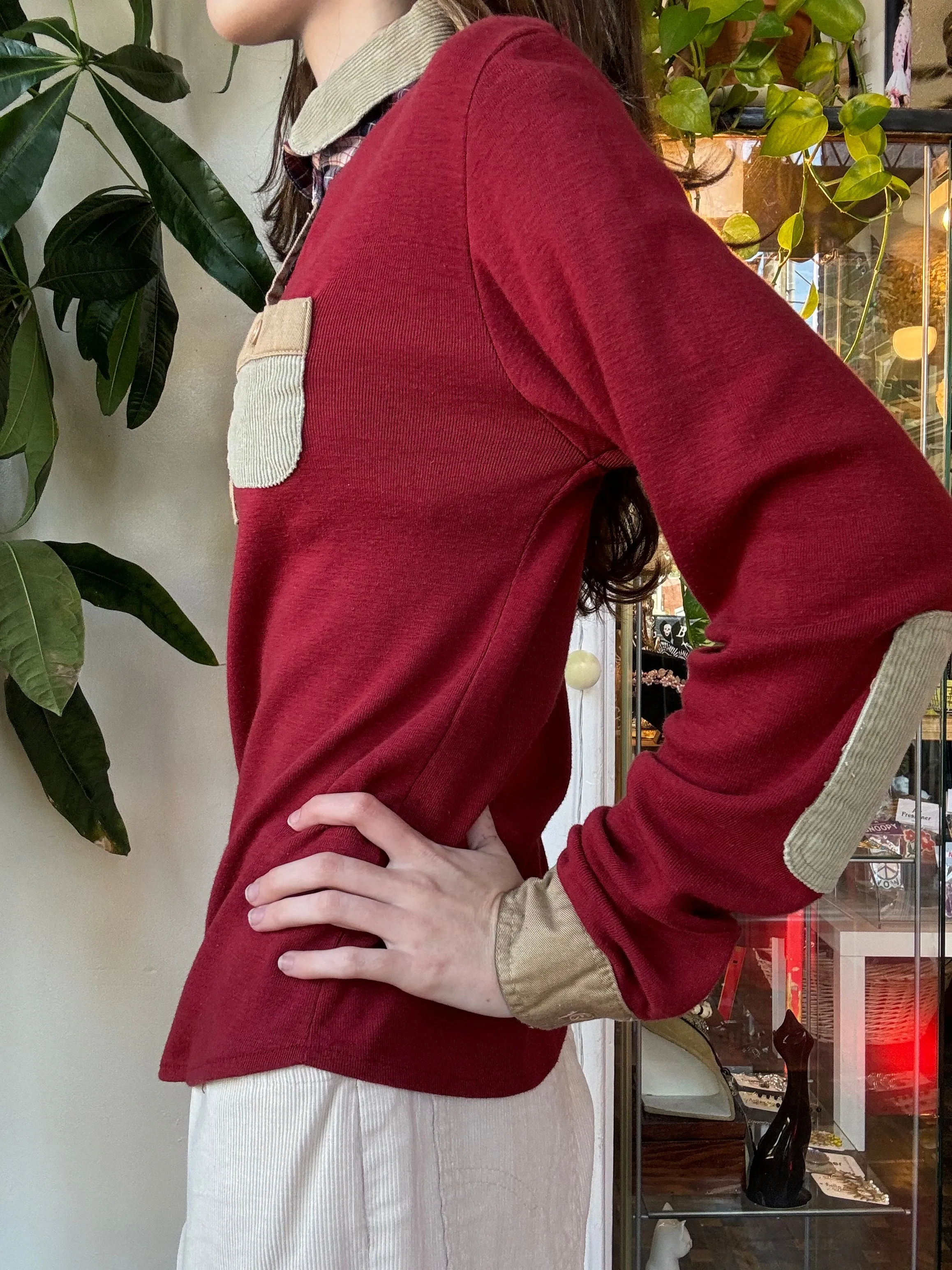 1970s/80s Tea Party Henley w/ Corduroy details