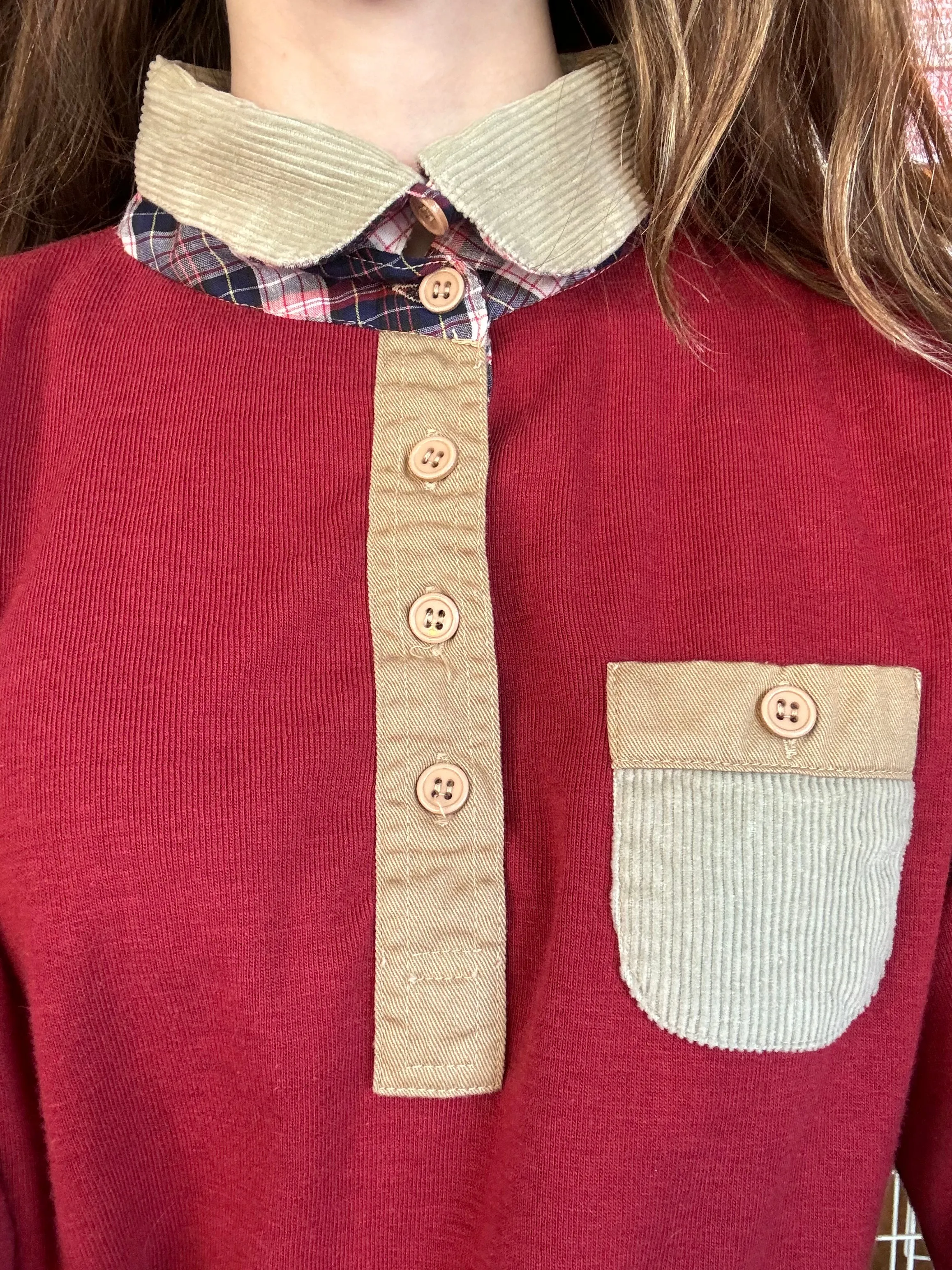 1970s/80s Tea Party Henley w/ Corduroy details