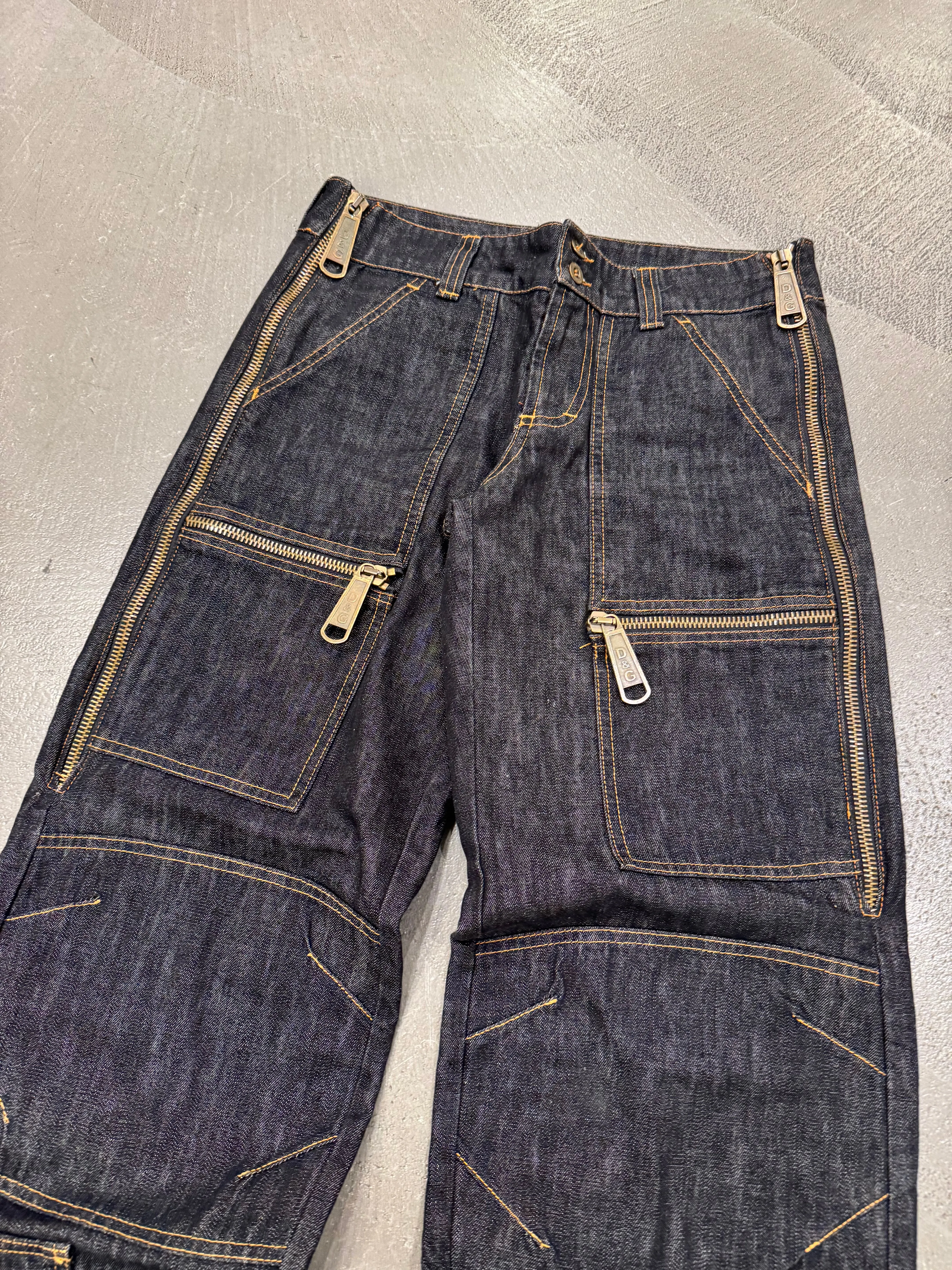 2000s Dolce & Gabbana multi zipper raw denim cargo pants