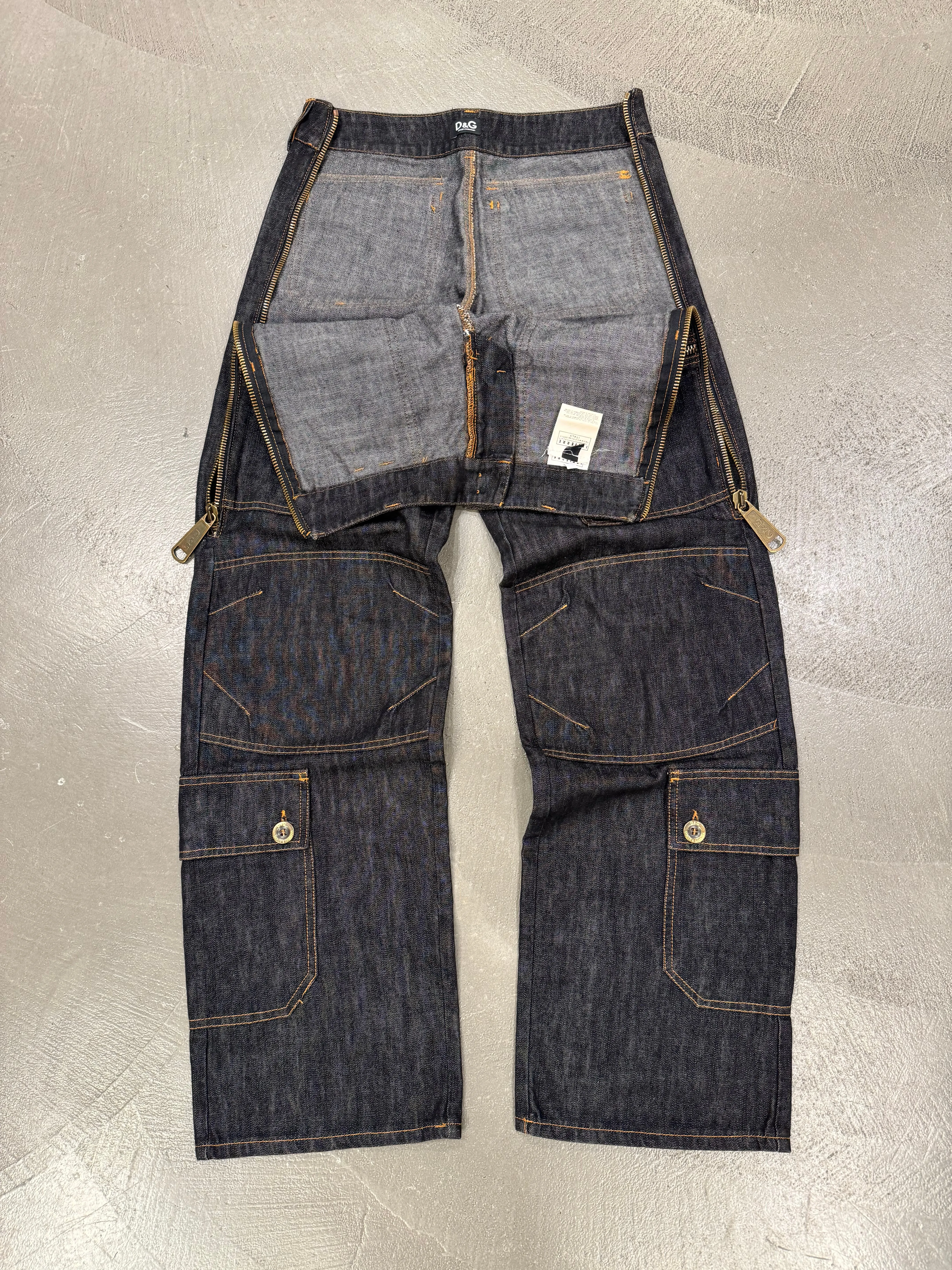 2000s Dolce & Gabbana multi zipper raw denim cargo pants