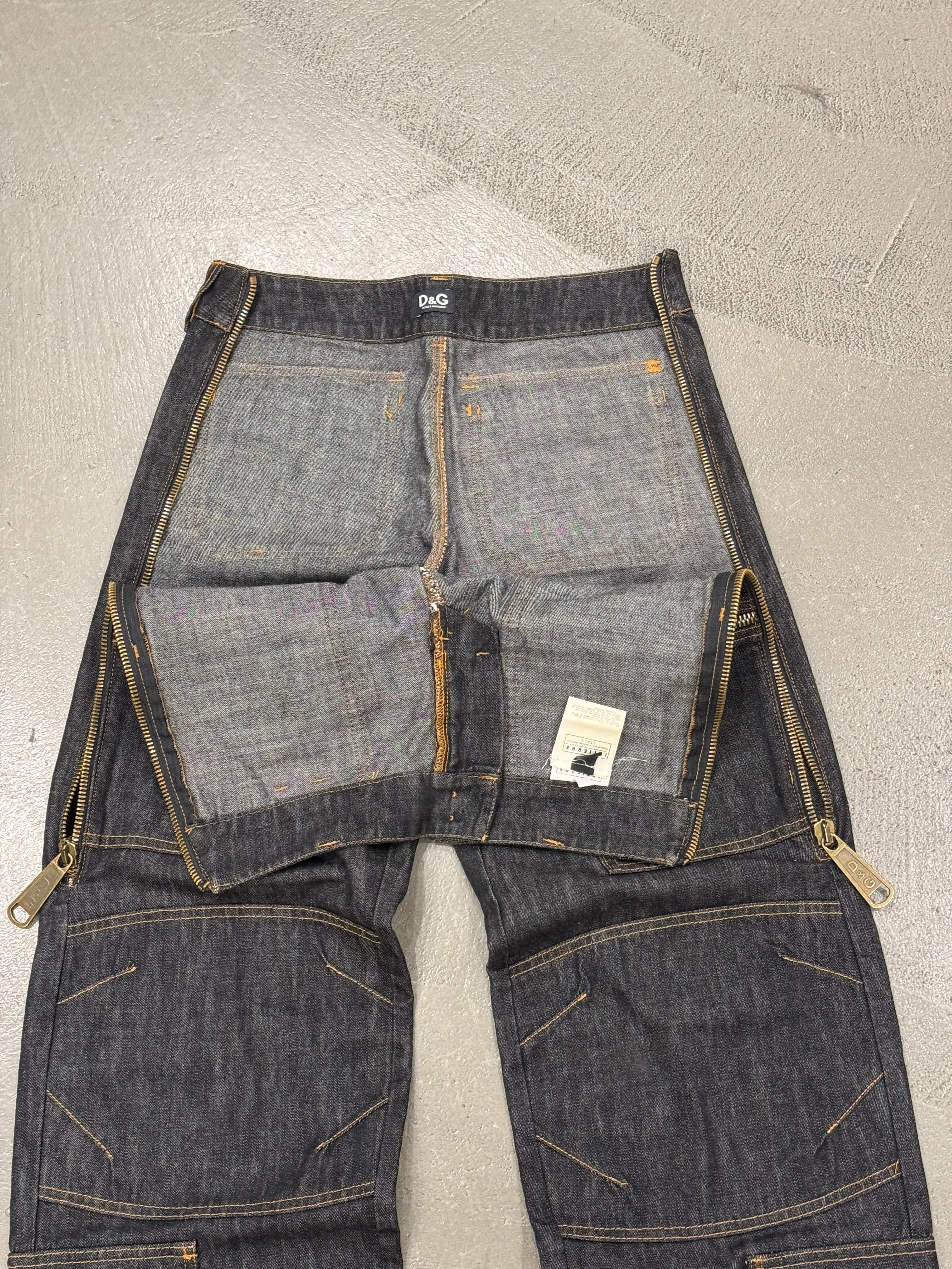 2000s Dolce & Gabbana multi zipper raw denim cargo pants