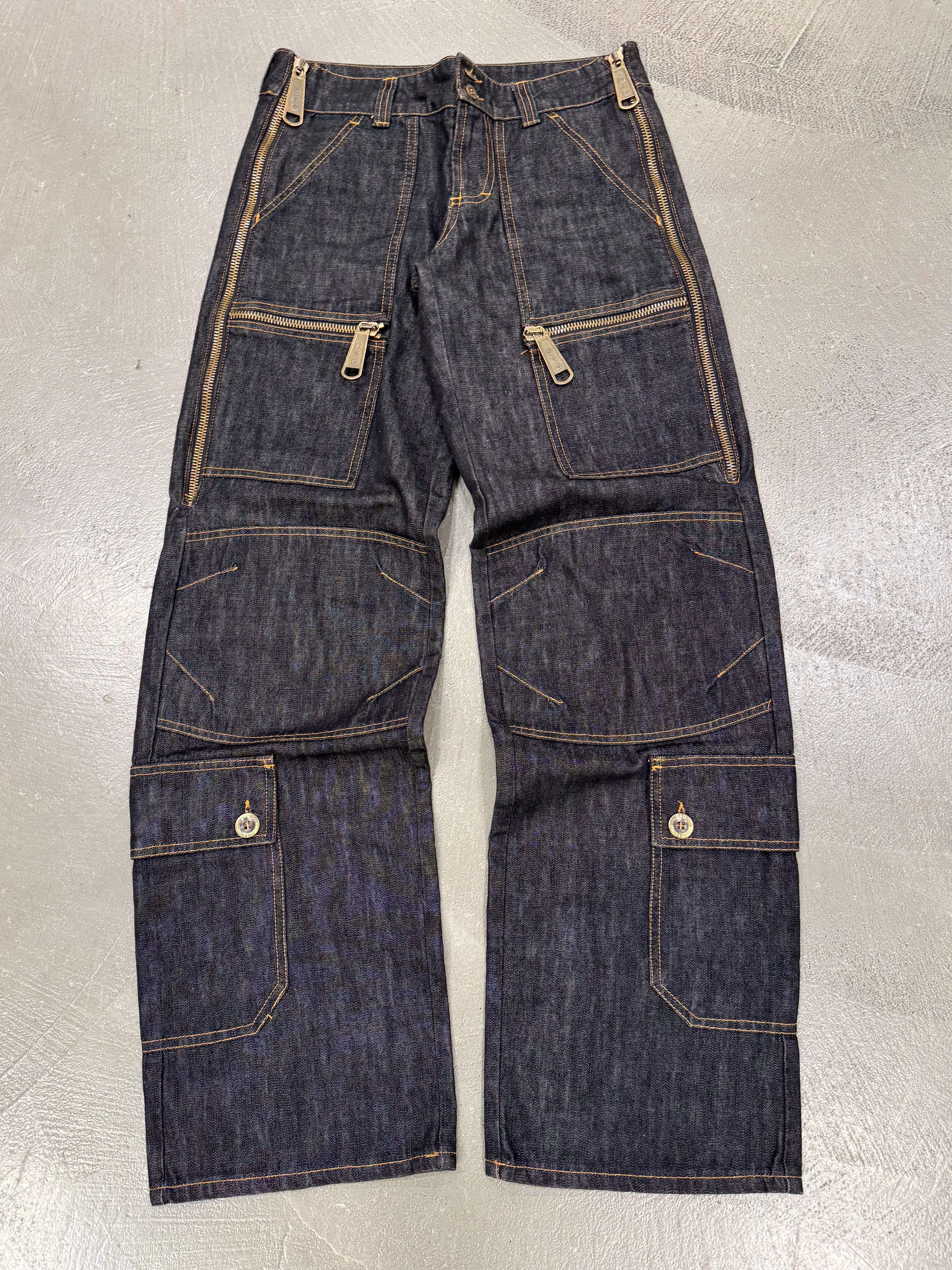 2000s Dolce & Gabbana multi zipper raw denim cargo pants