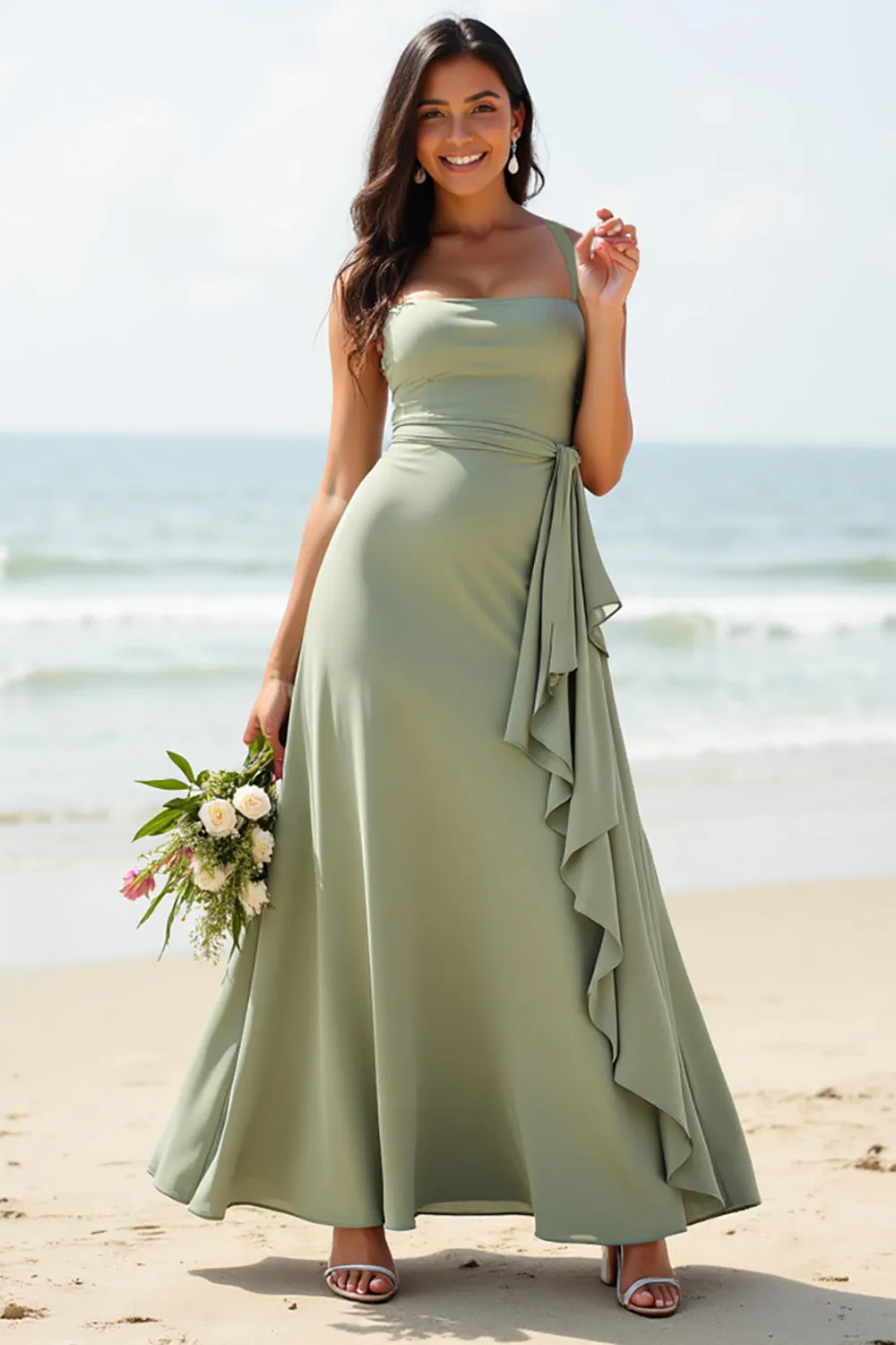 A Line Dusty Sage Boho Maxi Bridesmaid Dress with Ruffles