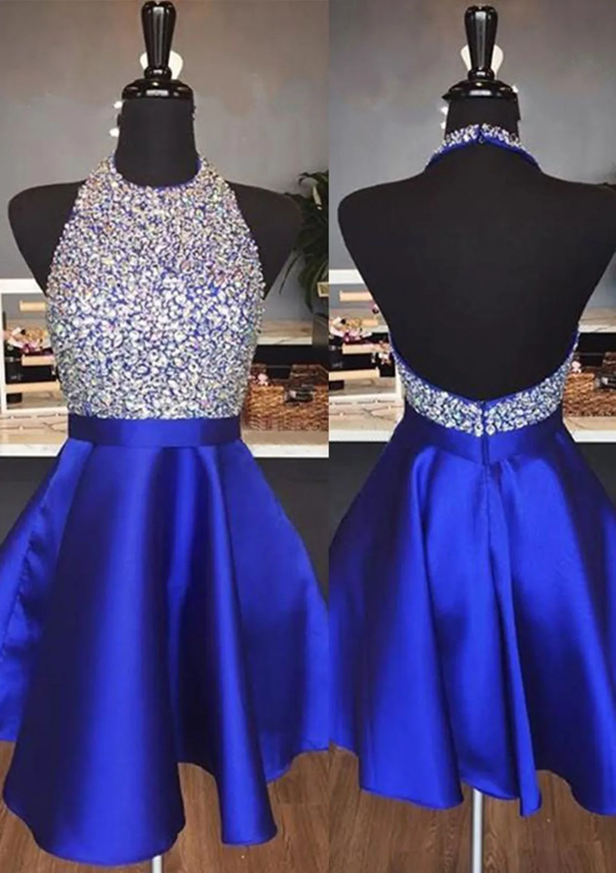 A-line Halter Sleeveless Burgundy Satin Short Mini Homecoming Dress, Beading Sequins