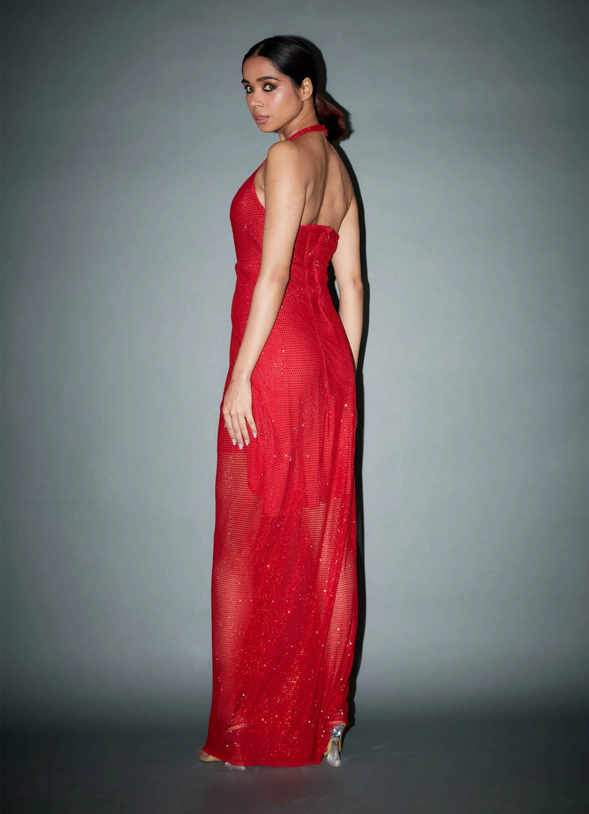 Abigal red embellished drape gown