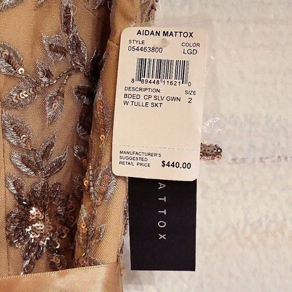 Aidan Mattox Embellished Tulle Cap-Sleeve Gown, Light Gold. Size 2