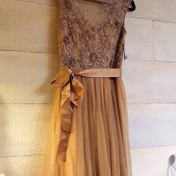 Aidan Mattox Embellished Tulle Cap-Sleeve Gown, Light Gold. Size 2