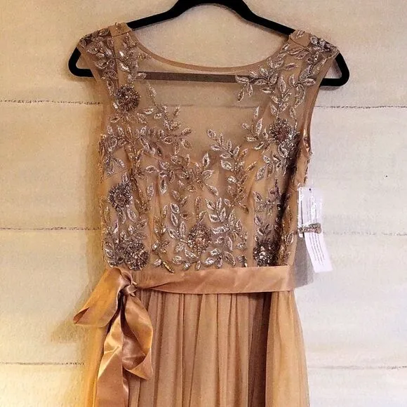 Aidan Mattox Embellished Tulle Cap-Sleeve Gown, Light Gold. Size 2