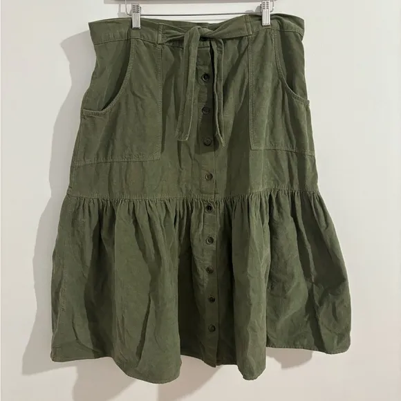 Anthropologie Green Corduroy Bubble Midi Skirt with Tie Front