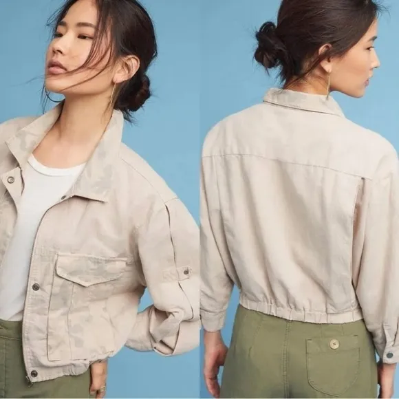 Anthropologie HEl HEl Ronan Camo Cropped Cargo Jacket Linen Utility Military