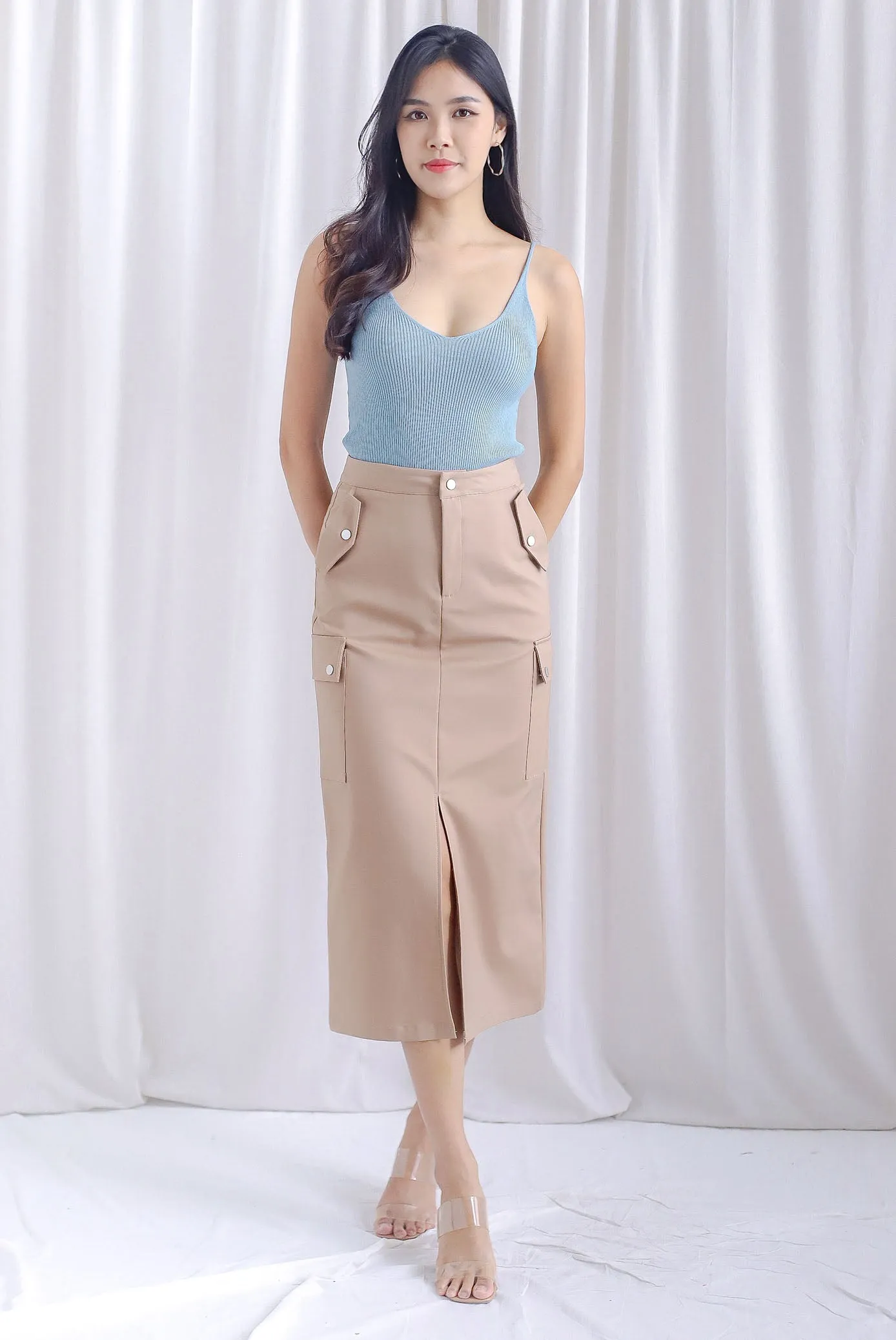 Artemis Cargo Midi Skirt In Khaki