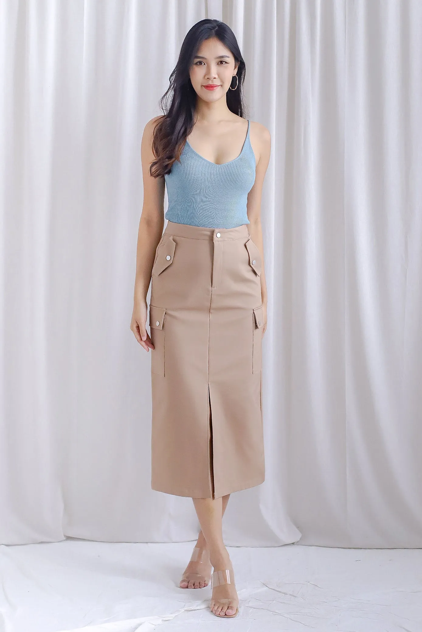 Artemis Cargo Midi Skirt In Khaki