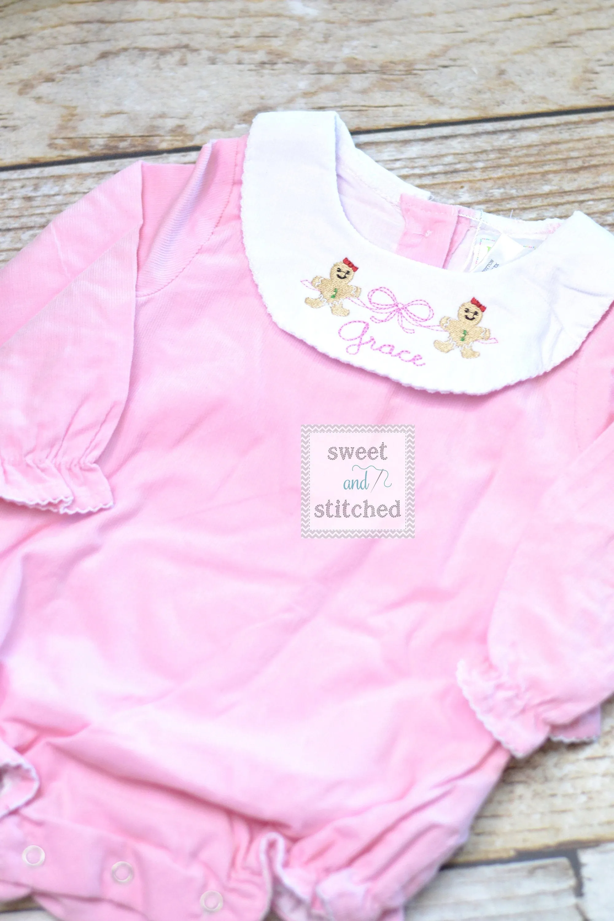 Baby girl monogrammed Christmas bishop bubble in pink corduroy, Ruffle Christmas outfit with gingerbread girls design, Christmas outfit