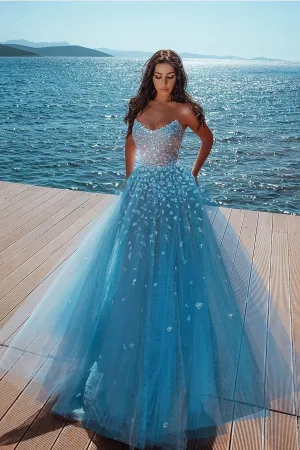 Backless Blue Tulle Prom Long Dress Sequin Strapless Neckline