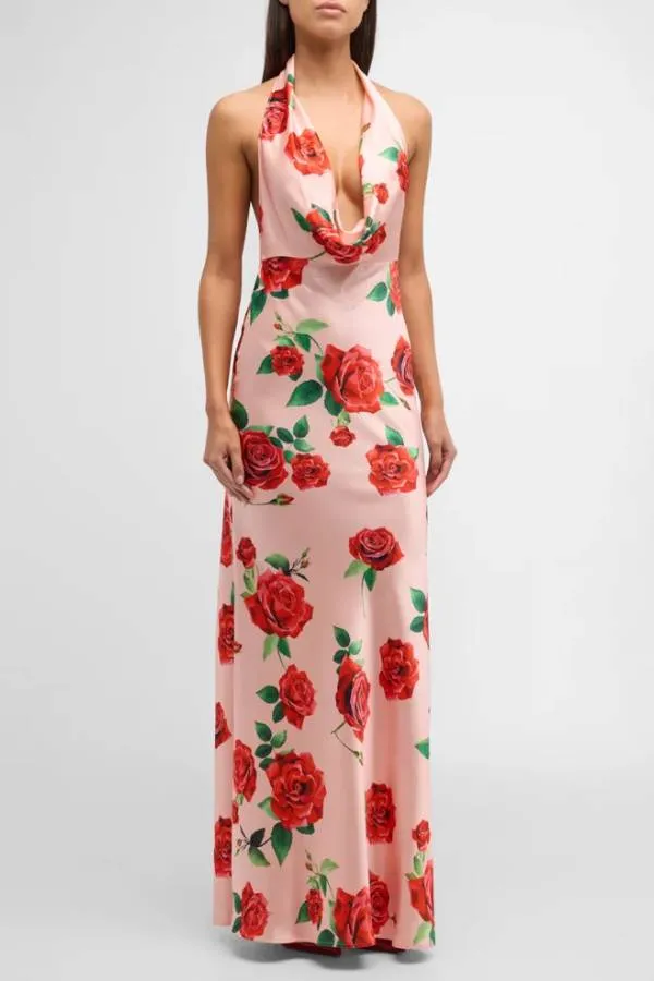 Backless Floral Satin Halter Gown