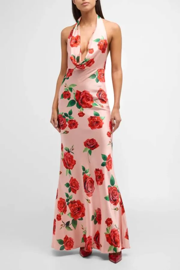 Backless Floral Satin Halter Gown