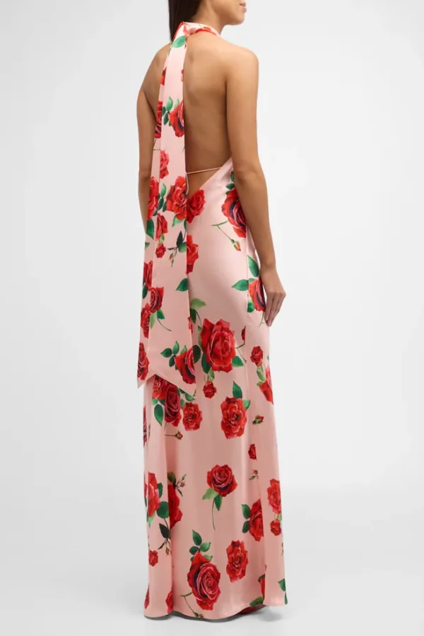 Backless Floral Satin Halter Gown