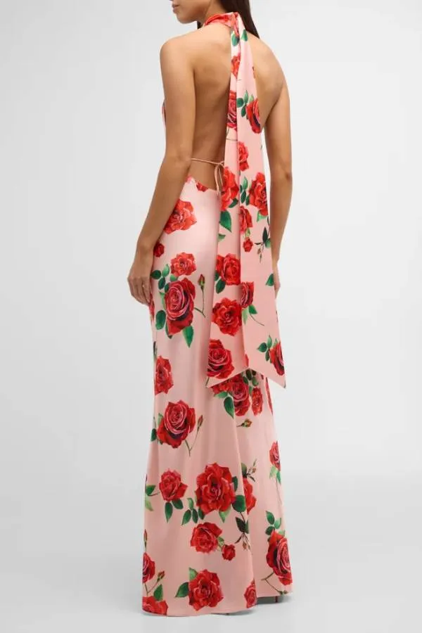 Backless Floral Satin Halter Gown