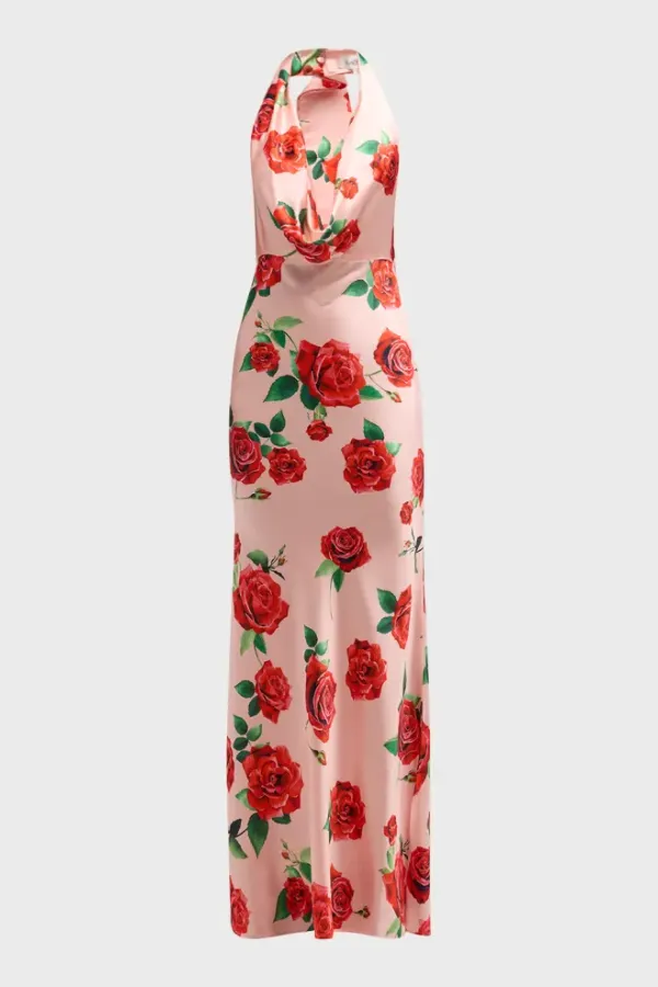Backless Floral Satin Halter Gown
