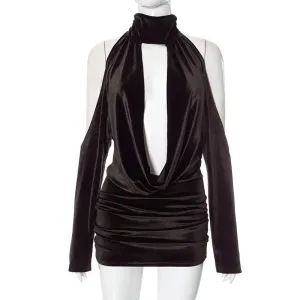 Backless Velvet Halter Swing Dress - Sexy Evening Wear