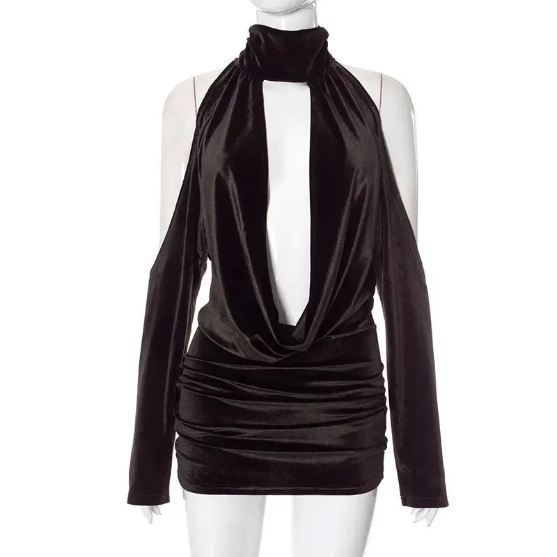 Backless Velvet Halter Swing Dress - Sexy Evening Wear
