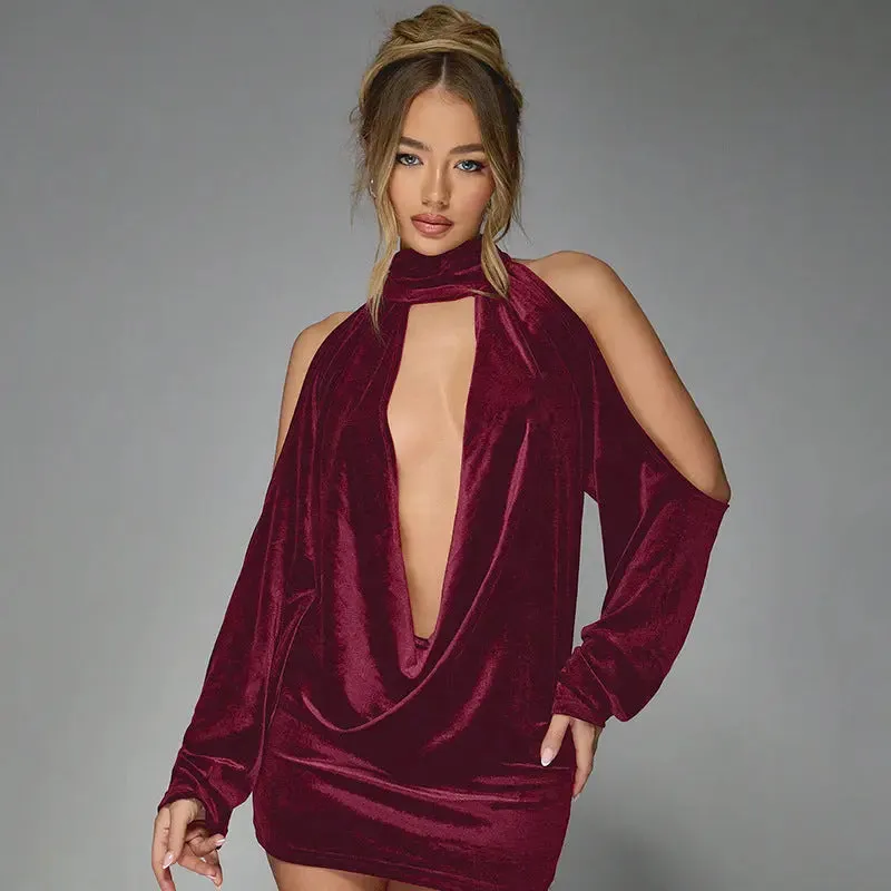 Backless Velvet Halter Swing Dress - Sexy Evening Wear