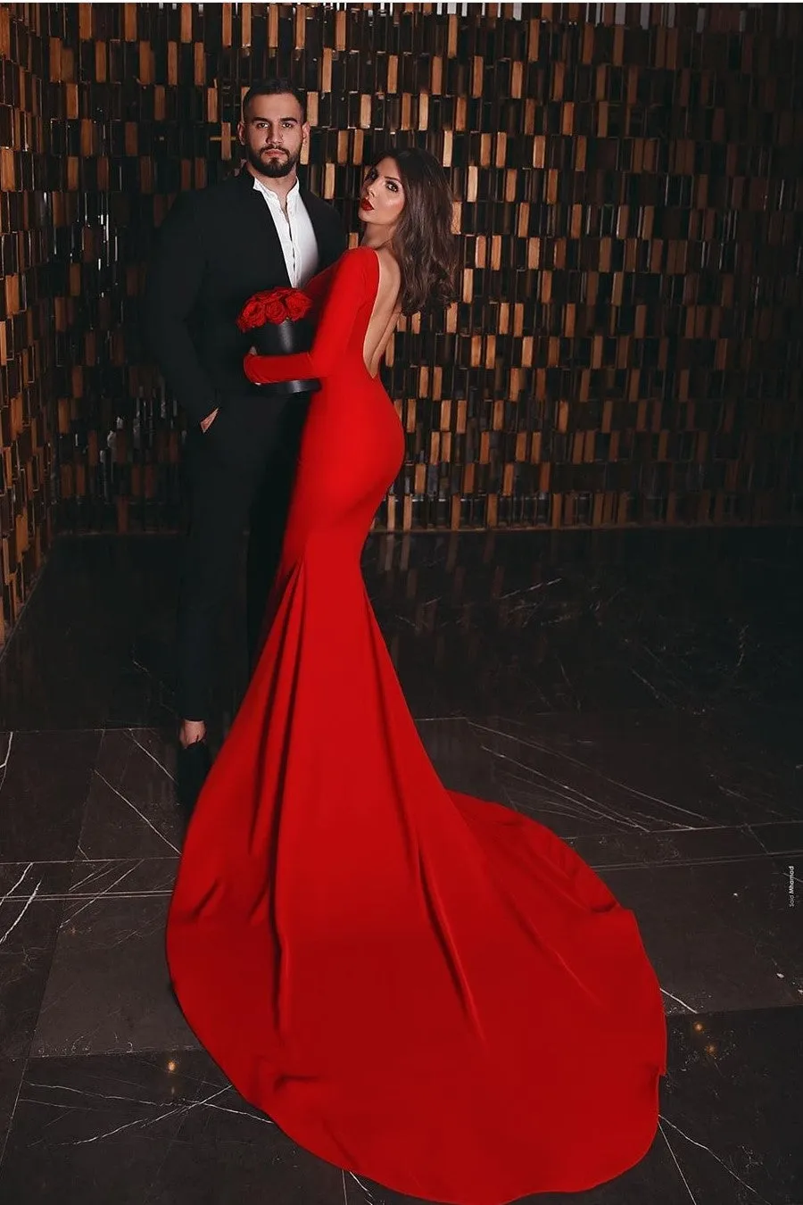 Bateau Long Sleeves Red Prom Dresses Mermaid Train