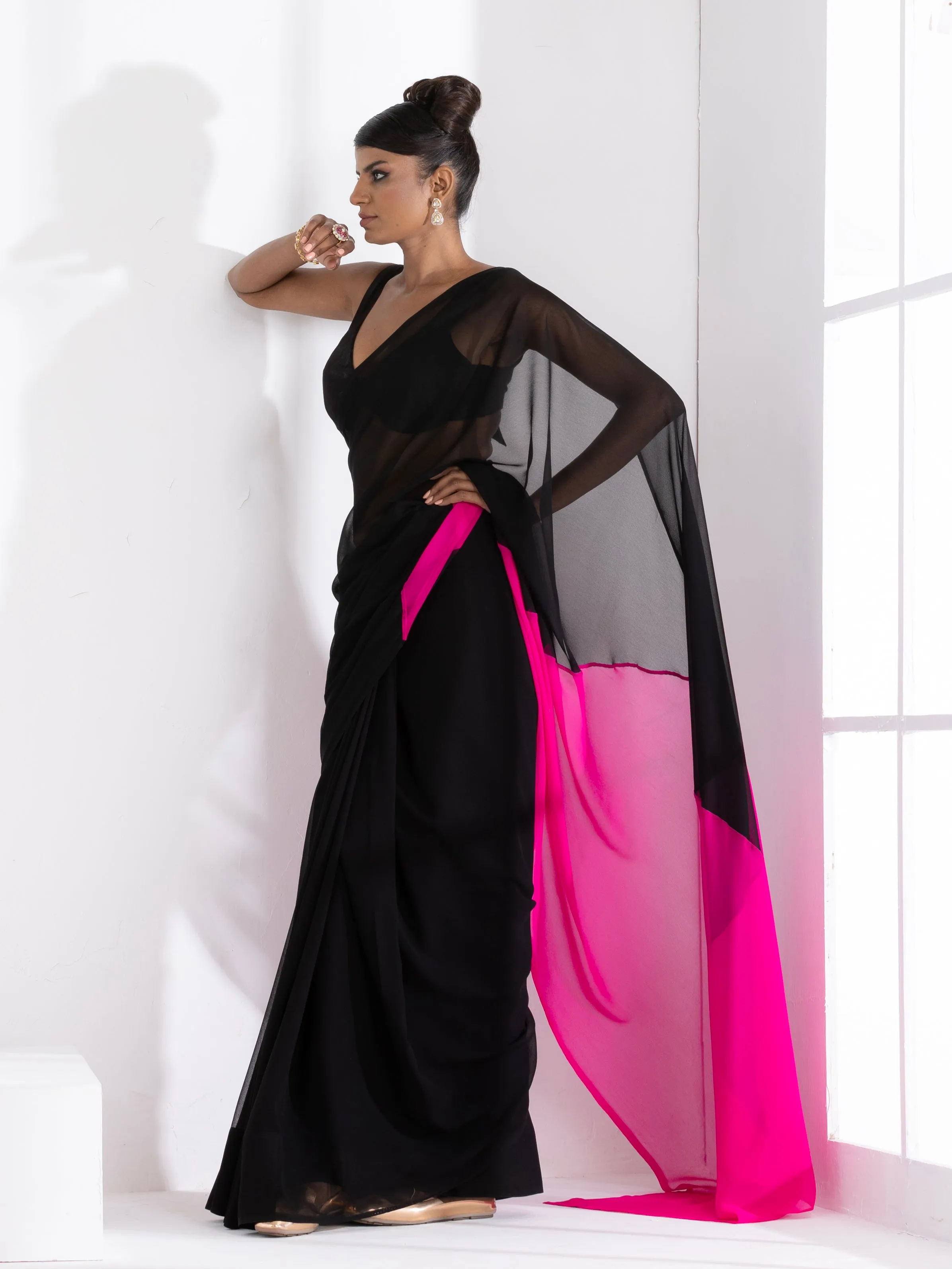 Black & Fuchsia Triangle Georgette Saree with Posh Black Blouse Fabric