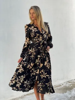 Black Floral Long Sleeve Chiffon Shirt Dress