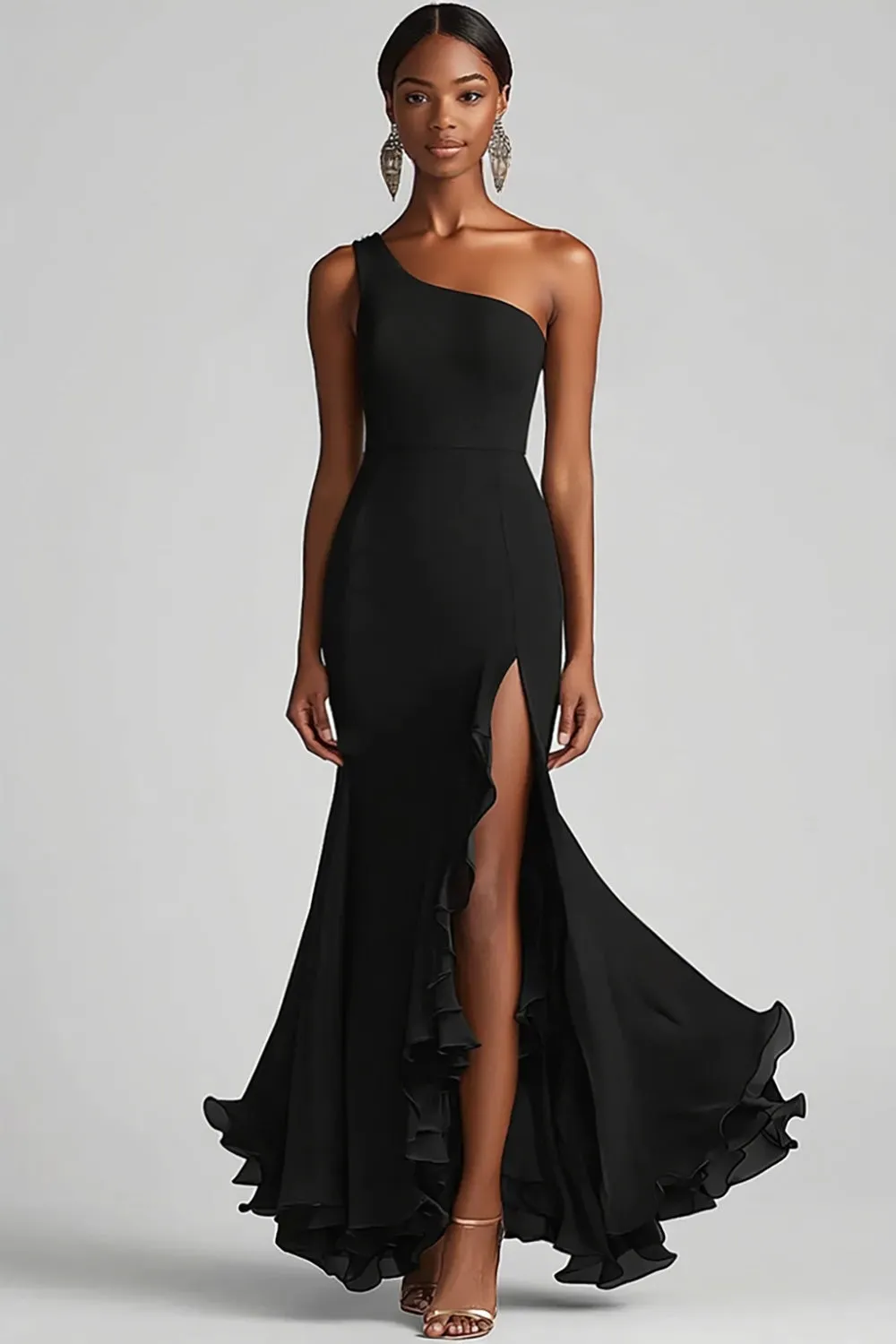 Black Mermaid One Shoulder Chiffon Long Formal Dress with Slit