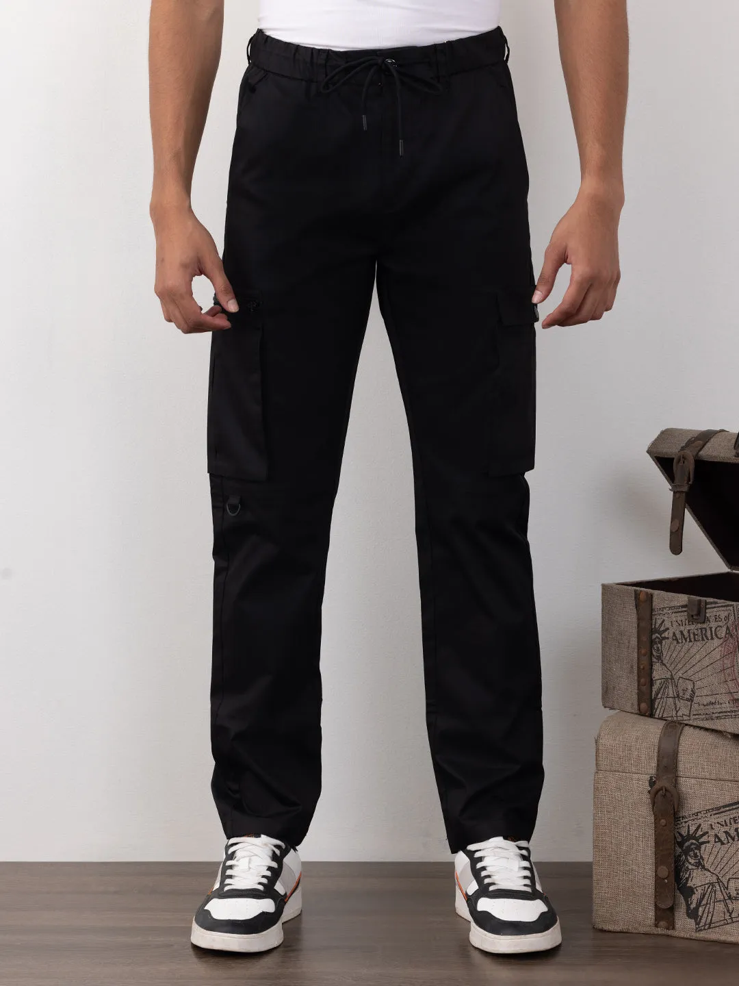 Black Plain Cargo Pants