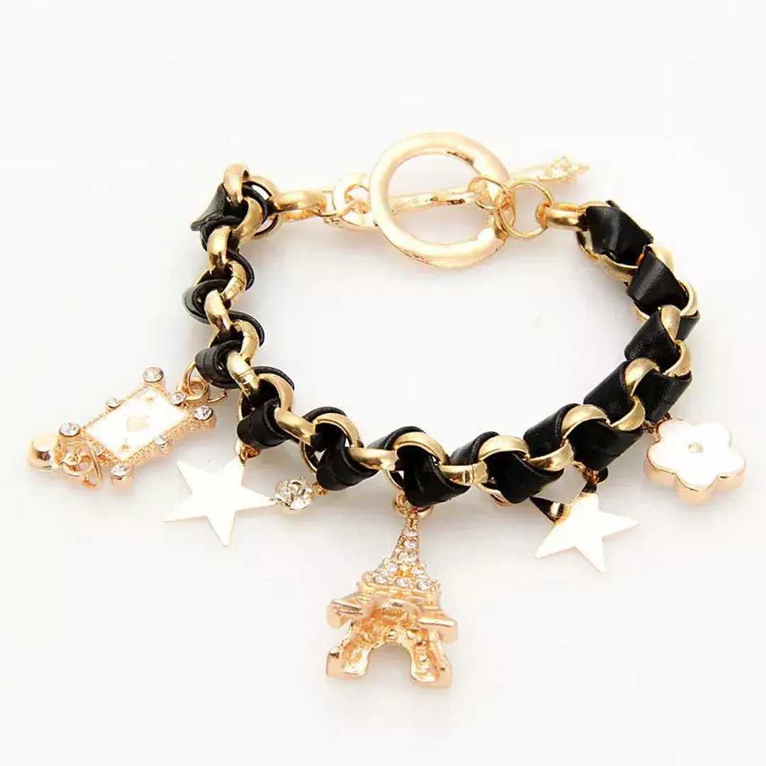 Black Studded Eiffel Tower Star Charms Bracelet