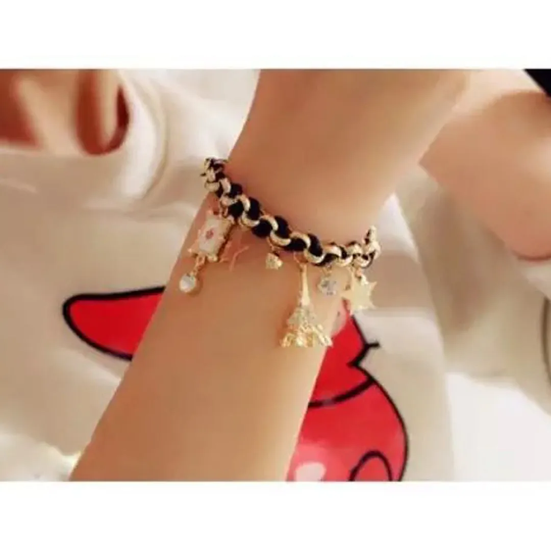 Black Studded Eiffel Tower Star Charms Bracelet