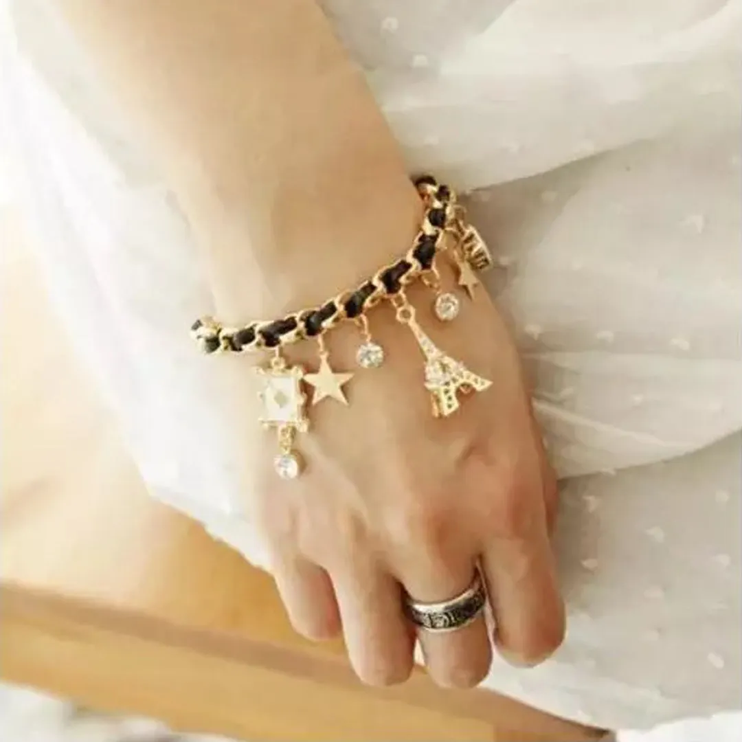 Black Studded Eiffel Tower Star Charms Bracelet