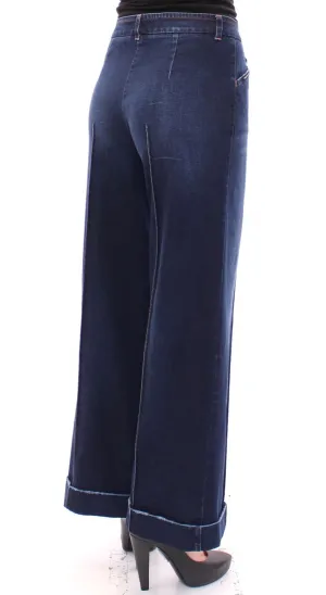 Blue Cotton Solid Pattern Logo Jeans Pants