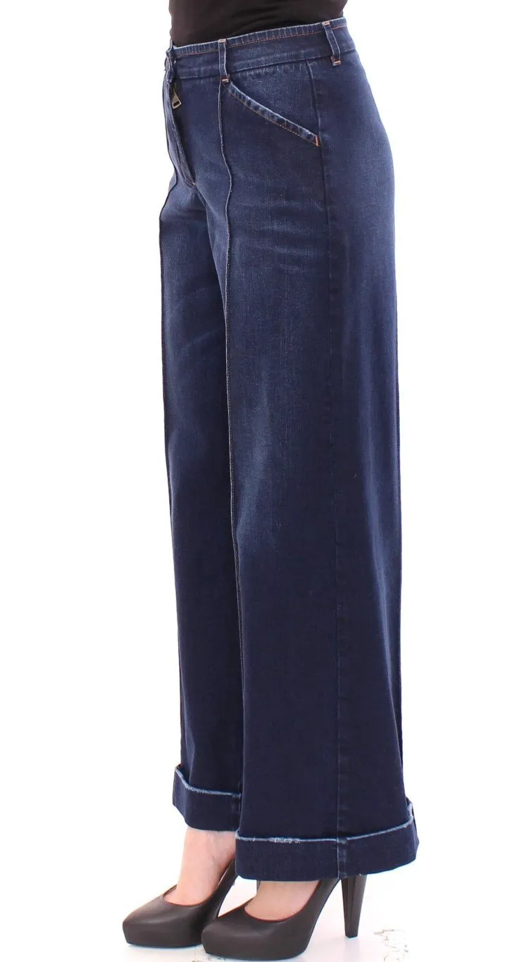 Blue Cotton Solid Pattern Logo Jeans Pants