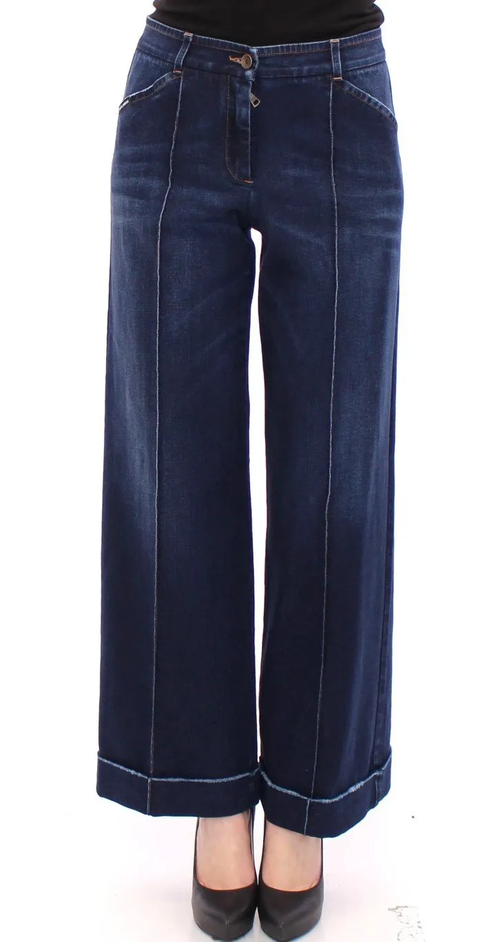 Blue Cotton Solid Pattern Logo Jeans Pants