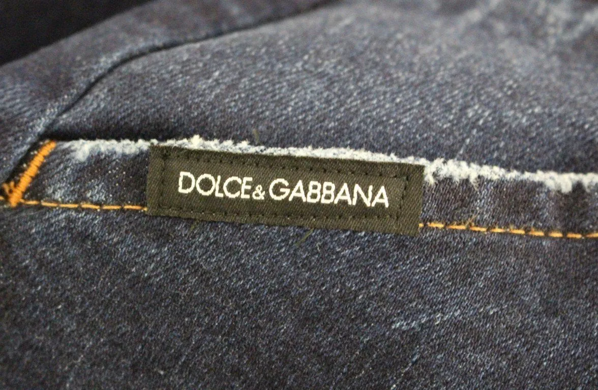 Blue Cotton Solid Pattern Logo Jeans Pants