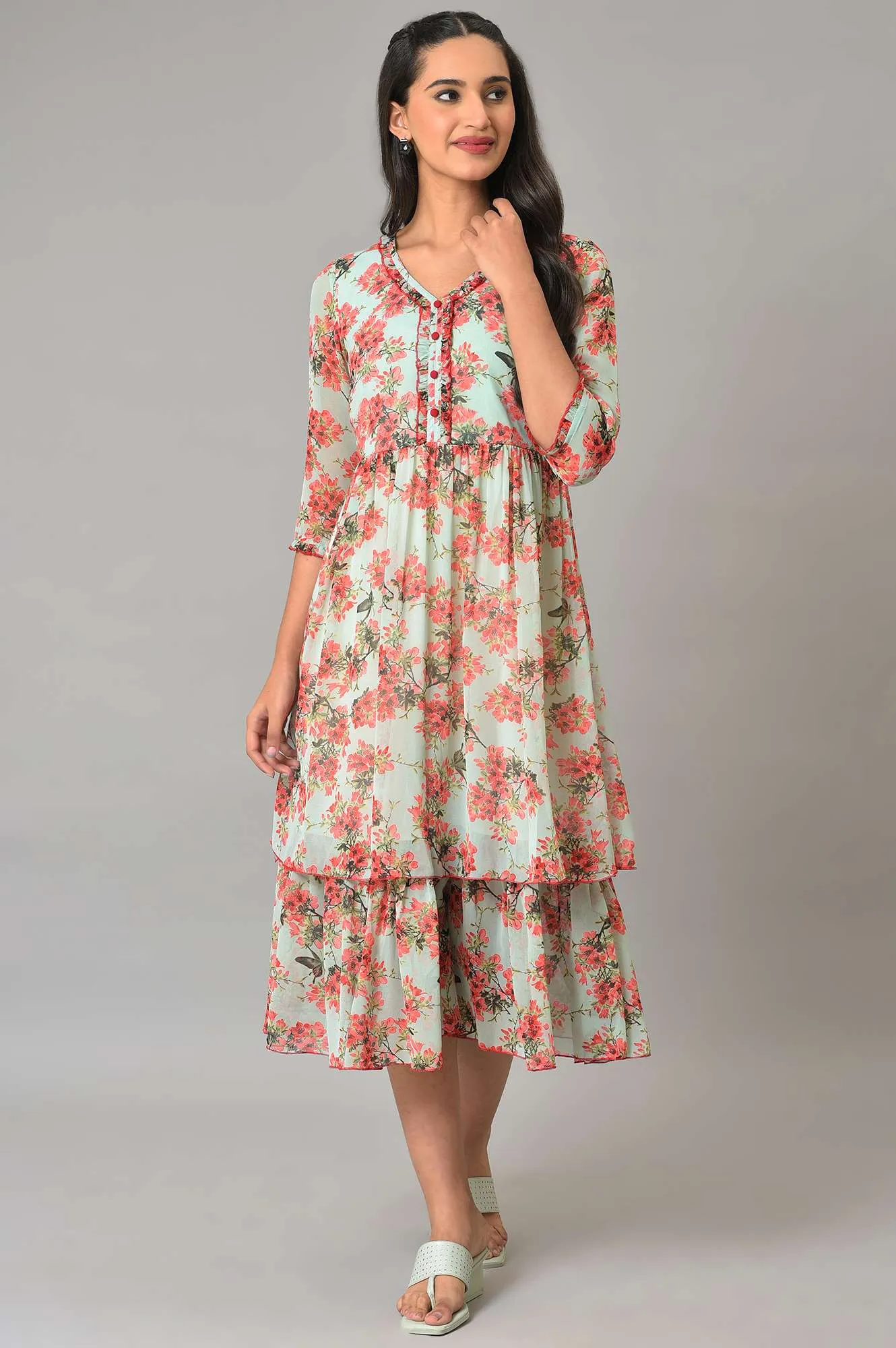 Blue Flared Printed Chiffon Dress