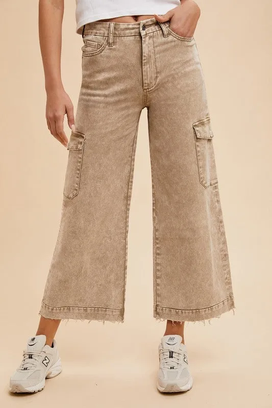 Brown Raw Hem Wide Leg Jeans with Cargo Pockets