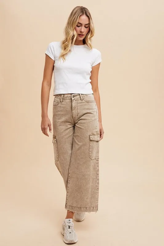 Brown Raw Hem Wide Leg Jeans with Cargo Pockets