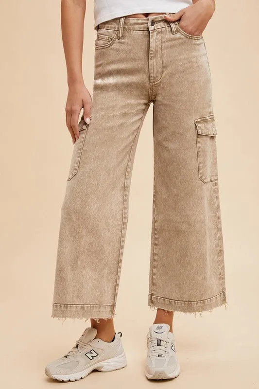 Brown Raw Hem Wide Leg Jeans with Cargo Pockets