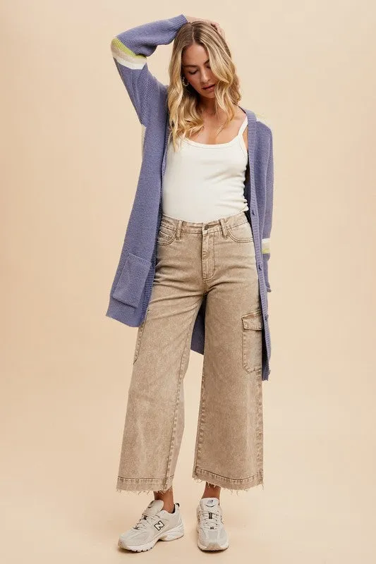 Brown Raw Hem Wide Leg Jeans with Cargo Pockets