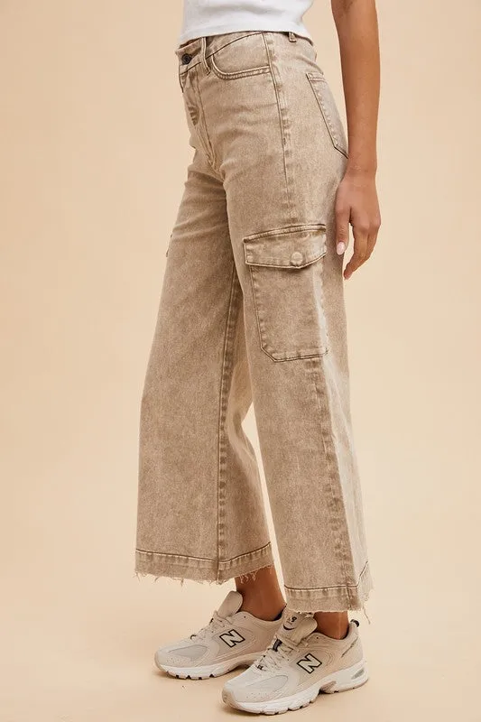 Brown Raw Hem Wide Leg Jeans with Cargo Pockets