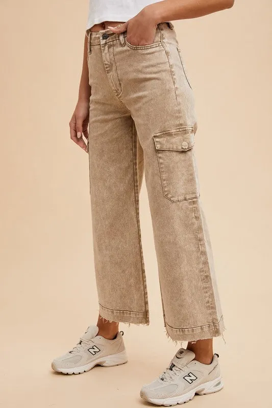 Brown Raw Hem Wide Leg Jeans with Cargo Pockets