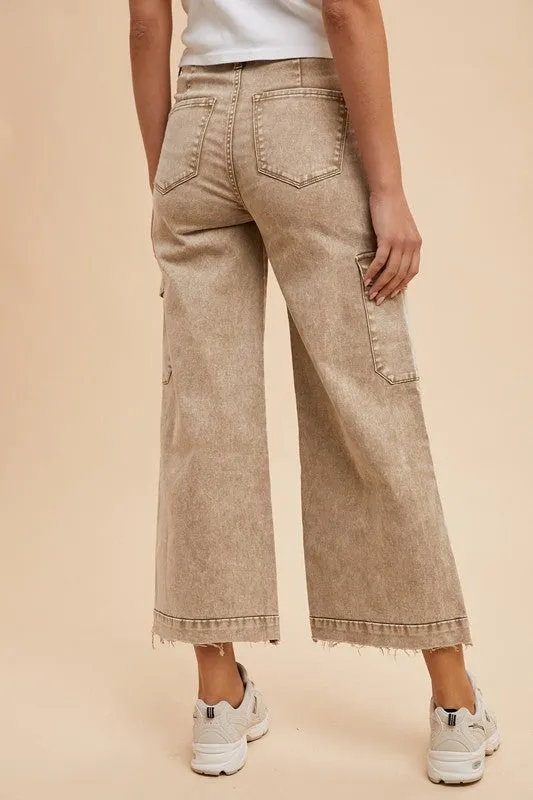 Brown Raw Hem Wide Leg Jeans with Cargo Pockets