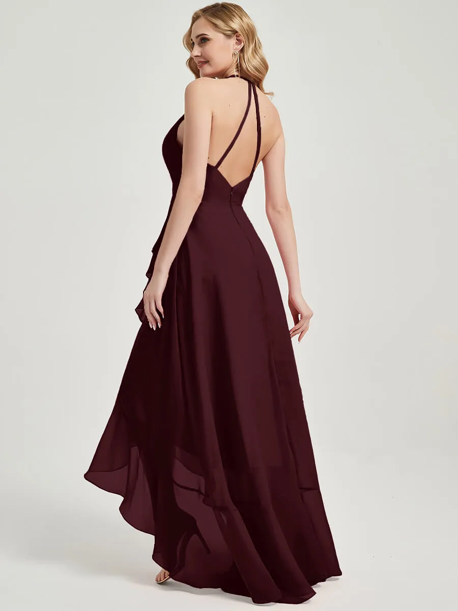 Burgundy Halter V-Neck Backless High Low Maxi Chiffon Bridesmaid Dress