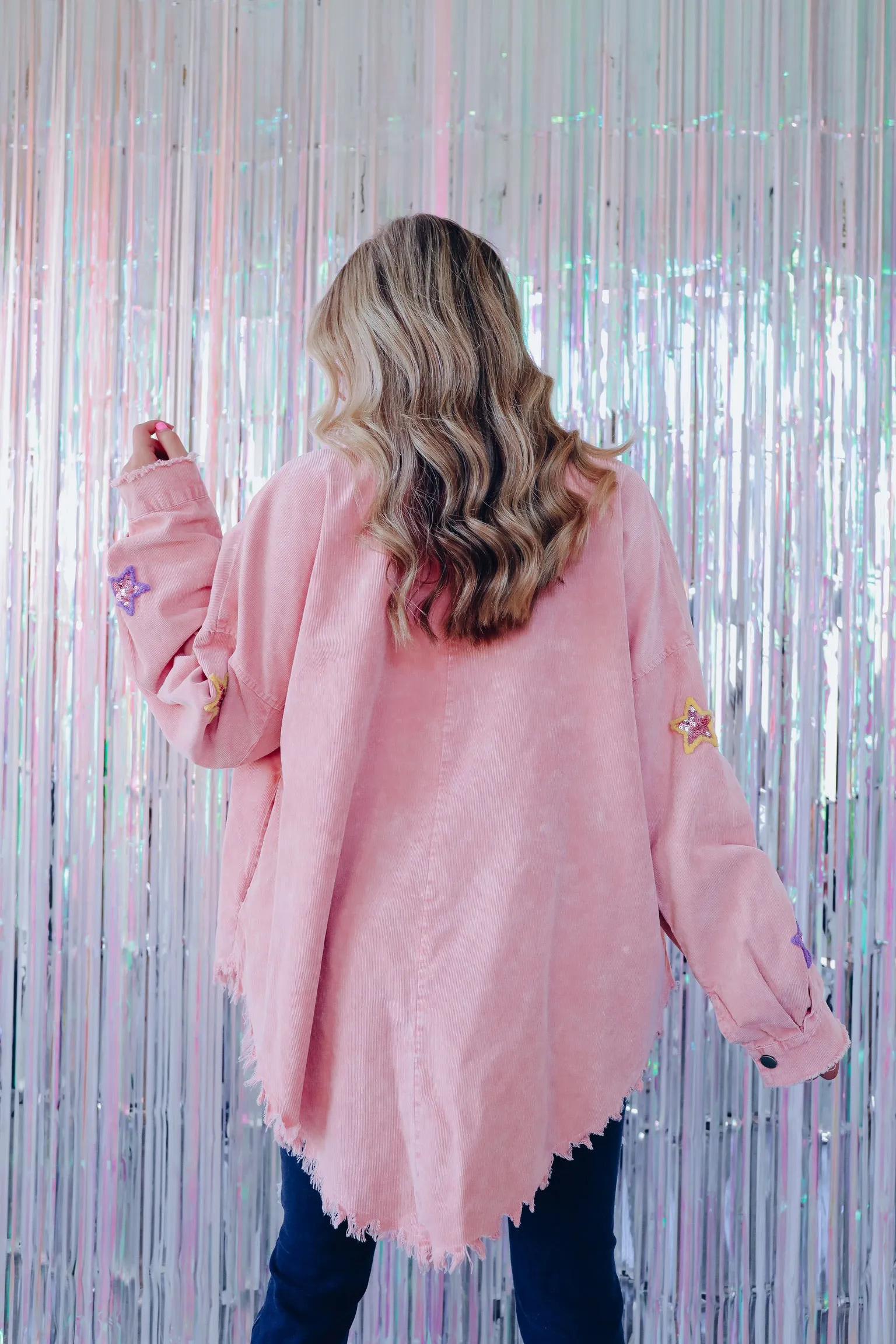 Carolina Sequin Star Patch Corduroy Shacket - Peach